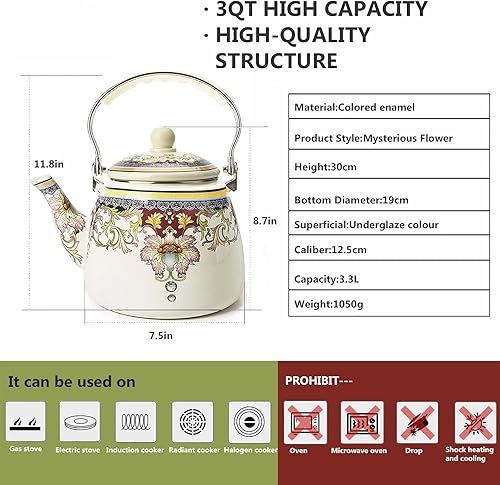 Miniatura 2 de Tetera esmaltada de cerámica floral para estufa, tetera esmaltada de porcelana grande (3.3 cuartos de galón de flor misteriosa)