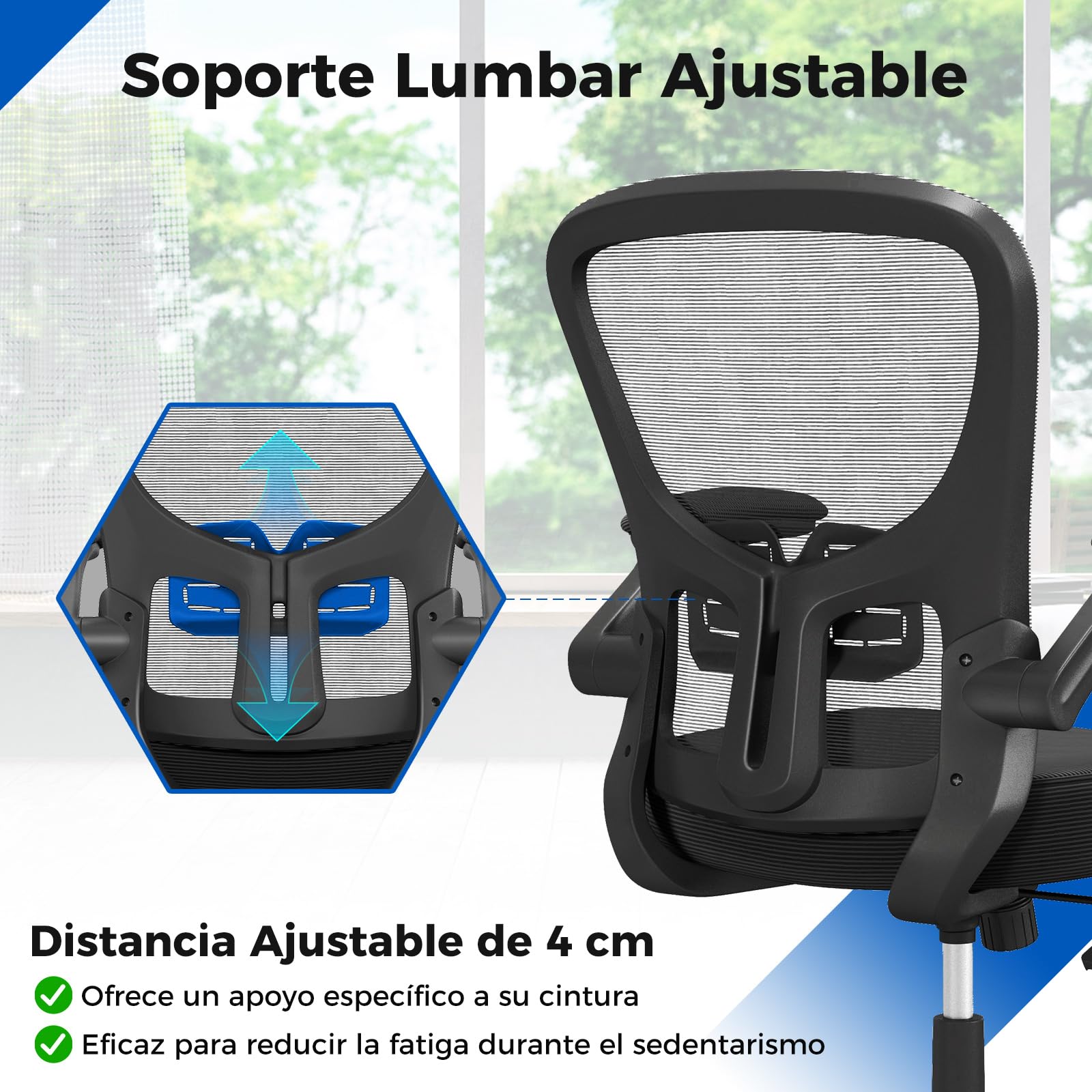 GIANTEX Silla de Oficina de Malla, Silla de Escritorio Ergonómica con Altura Ajustable, Reposabrazos Abatibles, Soporte Lumbar y Cojín de Esponja Suave, con Ruedas, para Dormitorio, Oficina