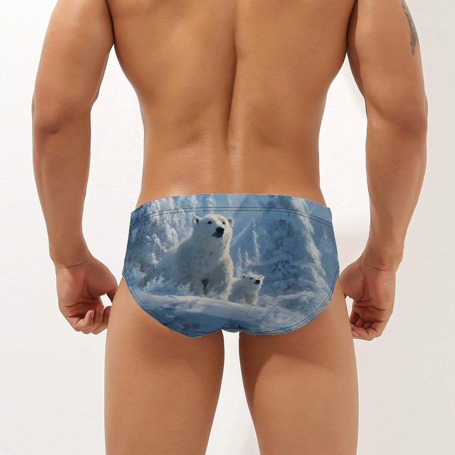 White Bear Family Men's Swimsuit Brief Sexy Bikini Briefs Retro Printed Swimwear Quick Dry Swimming Trunks 3X-Large