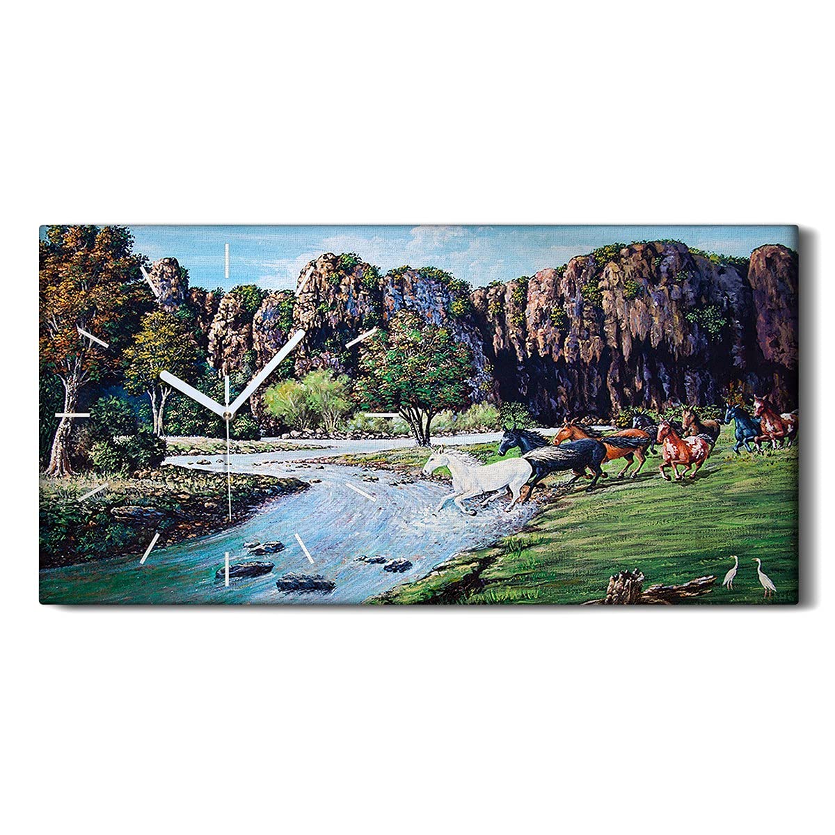 Horloge sur Toile 60x30cm Nature et Chevaux pour Salon avec Mains Blanches
