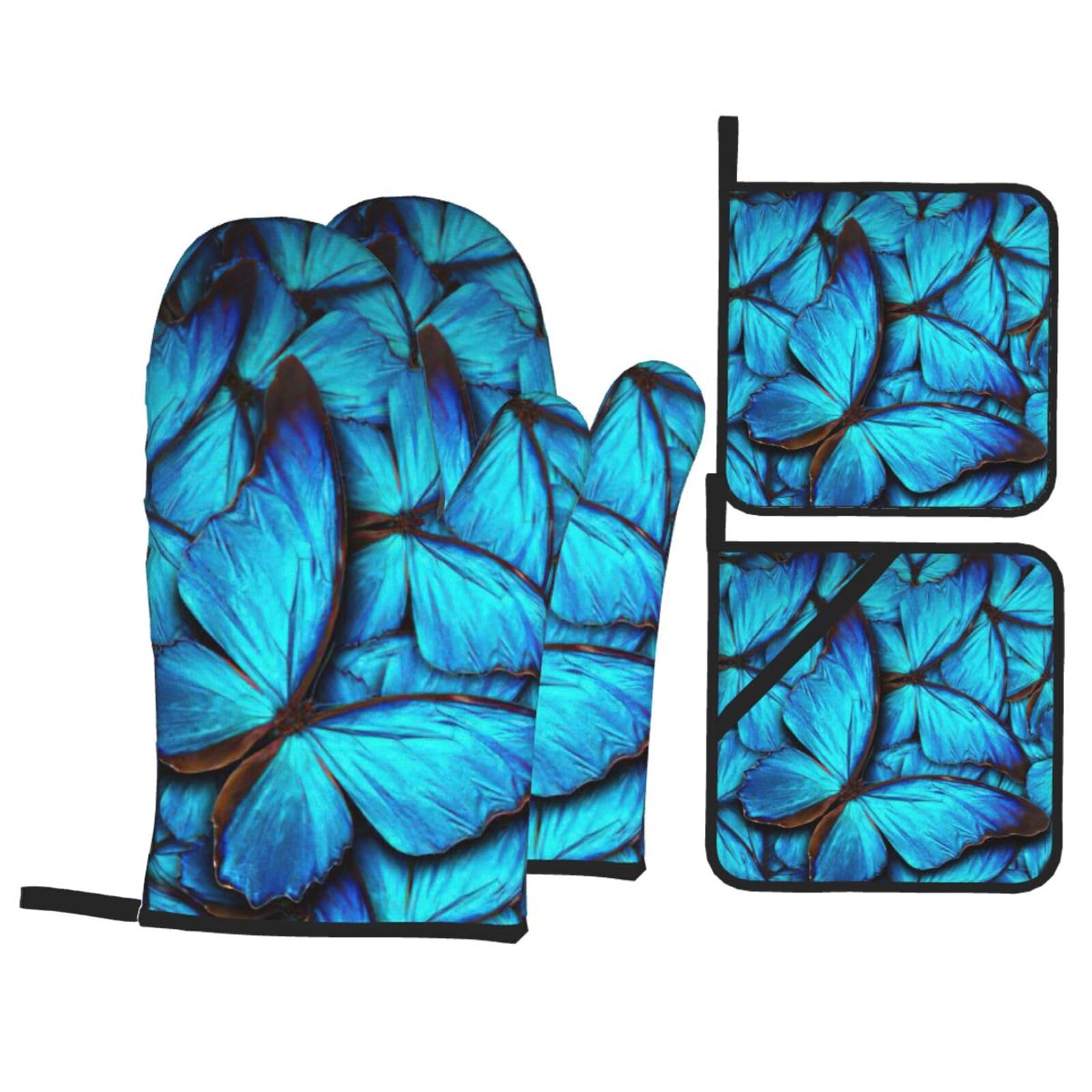 Many Blue butterfly Print 4-Piece Oven Microwaving Set Waterproof Kitchen Gloves for Baking Grilling Cooking
