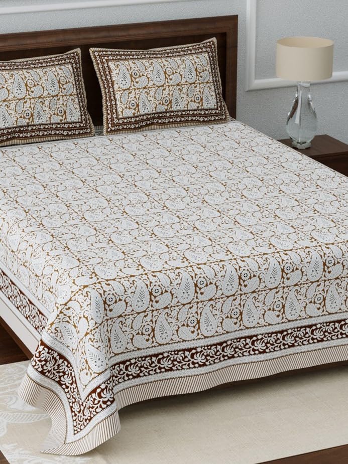 Image of Living Roots Ethnic Rajasthani /Jaipuri /Sanganeri Block Print 100% Cotton Super King Size 100 * 108 Bedsheet with 2 Pillow Covers (53B)