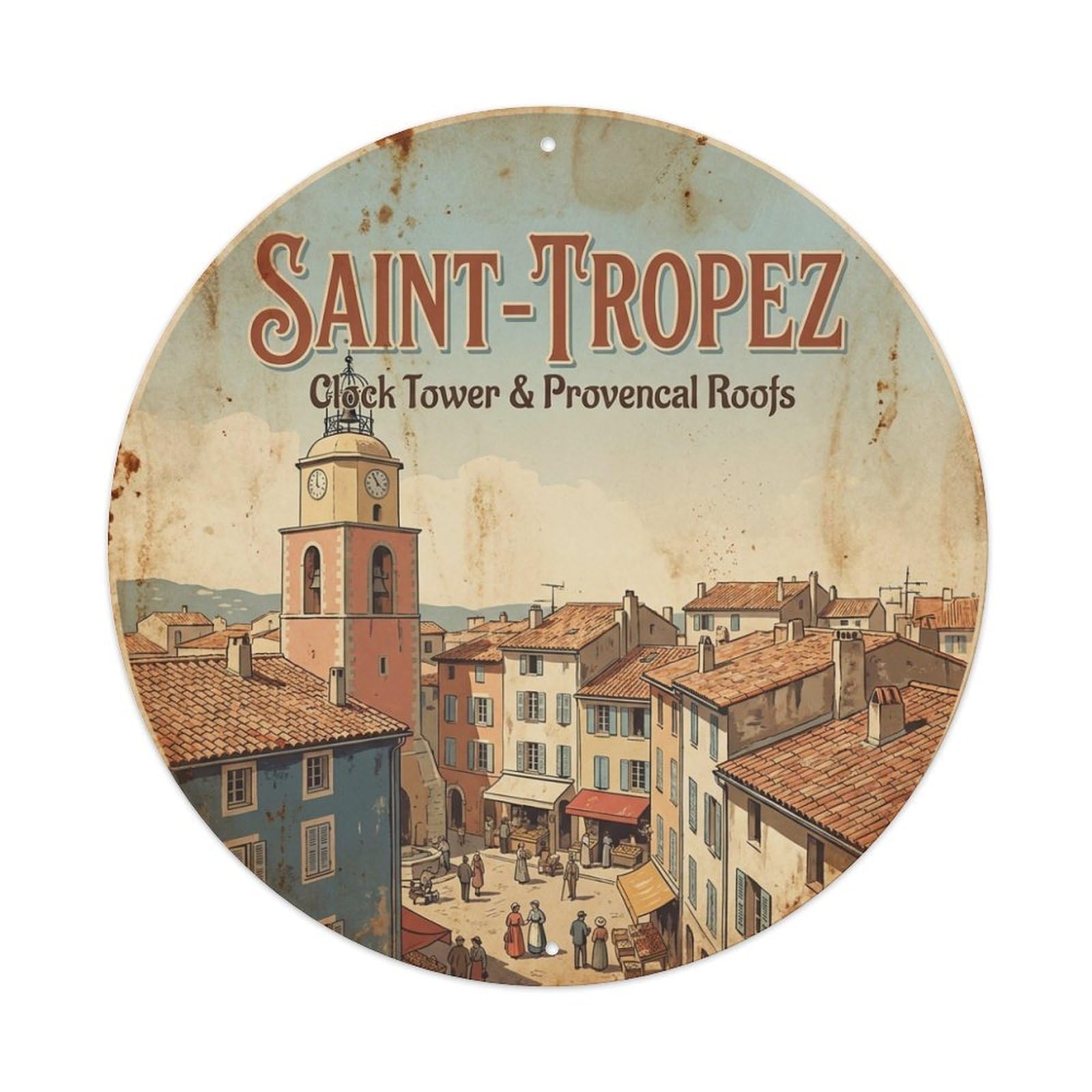 Clock Tower Rooftops France Saint Tropez Riviera Travel Metal Tin Sign
