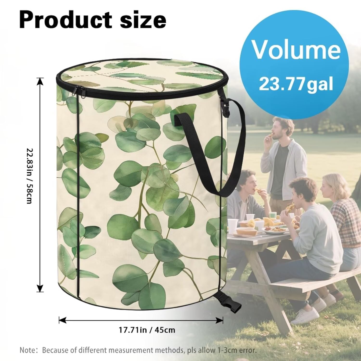 Cozeyat Eucalyptus Leaves Collapsible Outdoor Trash Can Portable Camping Garbage Can with Zippered Lid Rv Reusable Camping Trash Bag Laundry Hamper Waste Leaf Bag Toy Bins