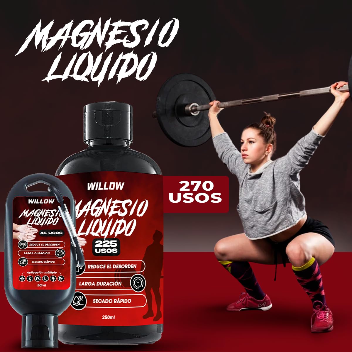 Willow ® Magnesio Líquido 250ML + 50ML | Magnesio Escalada | Tiza Líquida | Agarre Crossfit | Liquid Chalk | Calistenia Gym Halterofilia Padel Manos