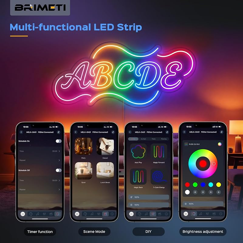 Bandă LED Neon BRIMETI 20M RGBIC 220V, aplicație și telecomandă, Bluetooth, sincronizare muzică, IP65, impermeabilă, flexibilă, decor interior și exterior
