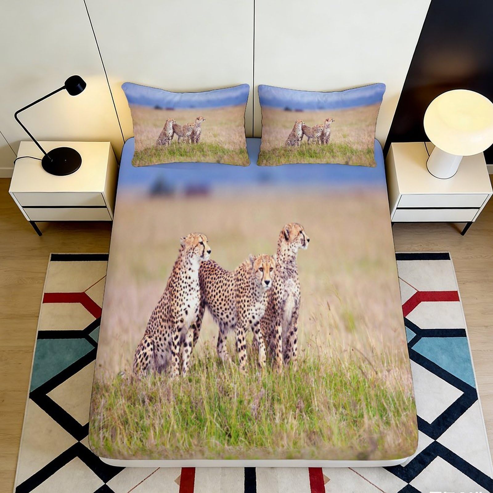3D Printed Cheetah Animal Fitted Sheet Microfiber Soft Durable 3D Printed Cheetahs Bed Cover for Bedroom Dormitory Guest Room Mattress Protection Decor 200x200x25cm
