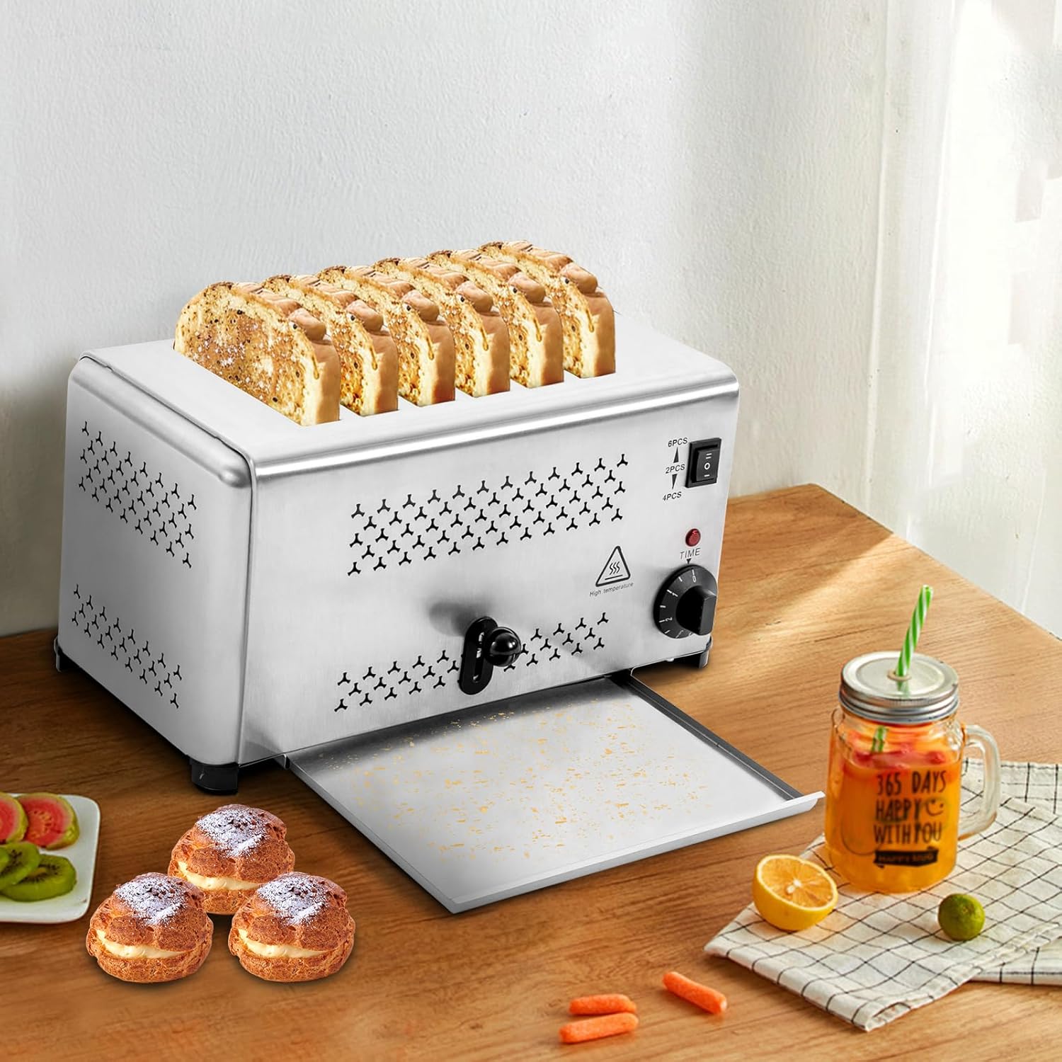 6 Slot Commercial Toaster Stainless Steel Bread Baking Machine, Pop-Up Electric Toaster Machine 5 Temperature Control for Home Kitchen Restaurant, 1650W 110V