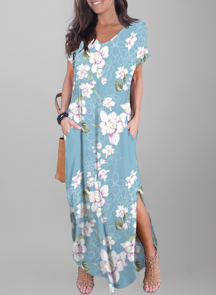 Women Maxi Long Dress Summer Casual Short Sleeve V Neck Maxi Dresses with Pocket