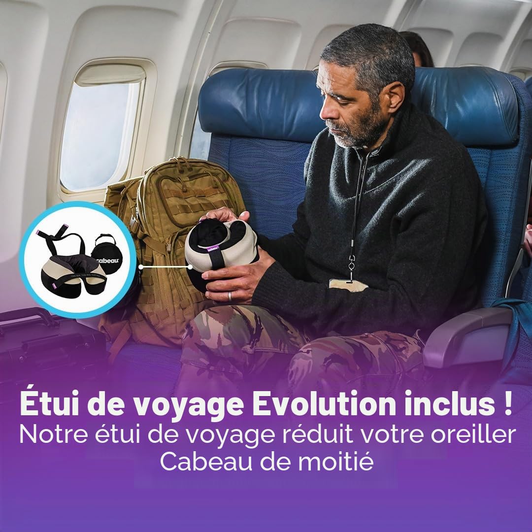 Cabeau The Neck's Evolution, TNE S3 Voyage Oreiller Cervical en Mousse à Mémoire de Forme - Oreiller de Cou avec Sangles de Fixation - Soutien à 360 Degrés pour Voyage, Maison, Bureau et Jeux - (Le