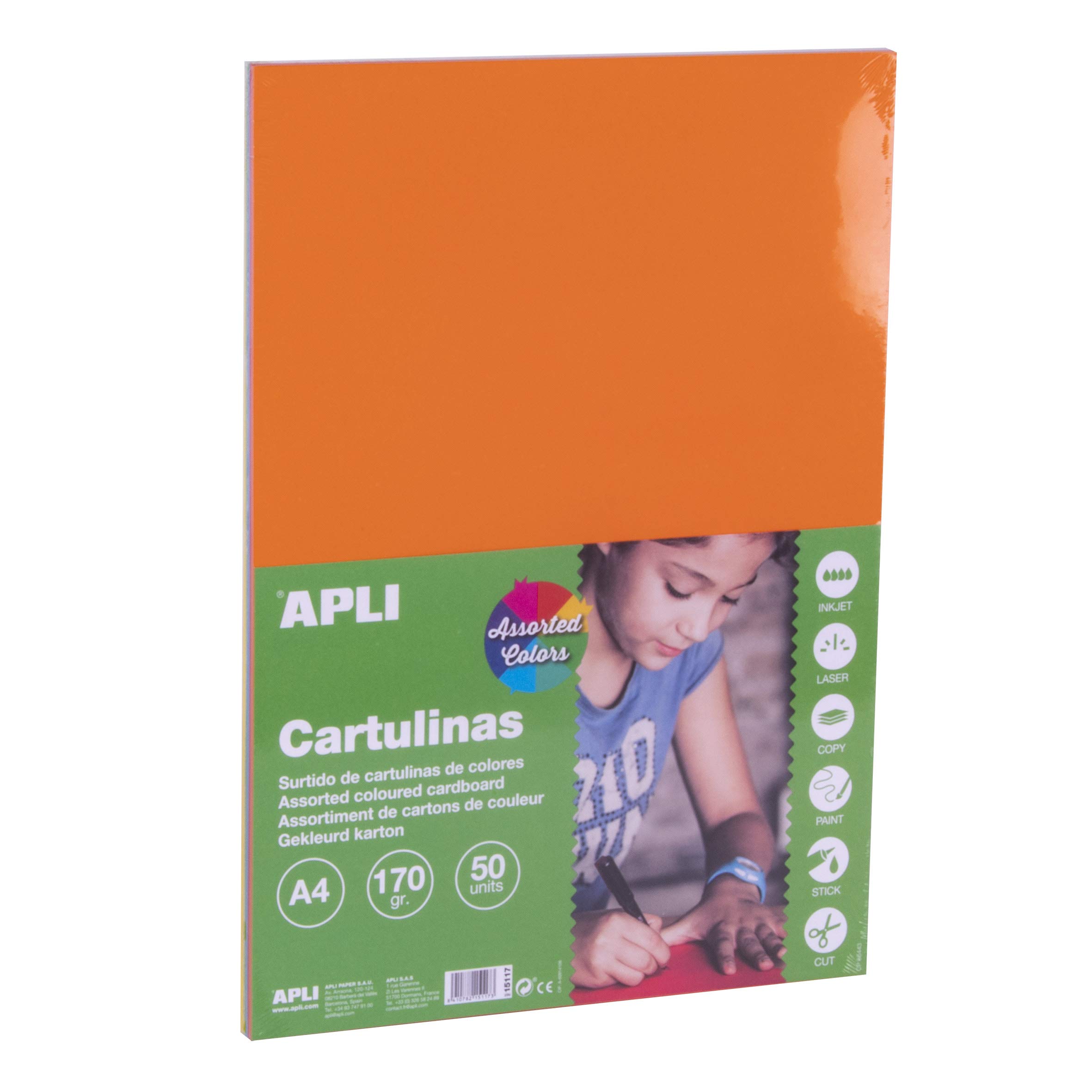 APLI 15117 - Cartulina din a4 170g/m2 colores intensos surtidos paquete de 50 hojas