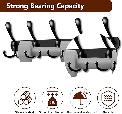 Miniatura 2 de Bjiotun Perchero montado en la pared, paquete de 2 ganchos de pared de acero inoxidable con 5 ganchos triples para colgar abrigos, sombreros,