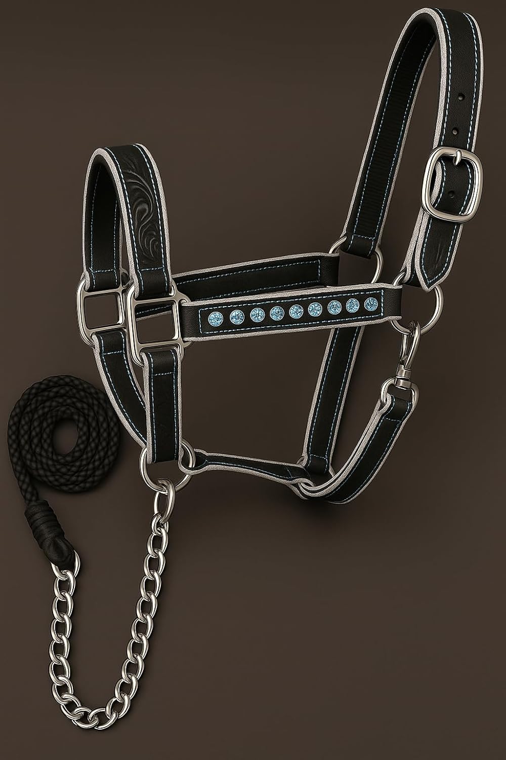 Handcrafted Leather Horse Halter – Tooled Design with Crystals, Cushioned Padding, Adjustable Fit, Chain Lead Pony M39