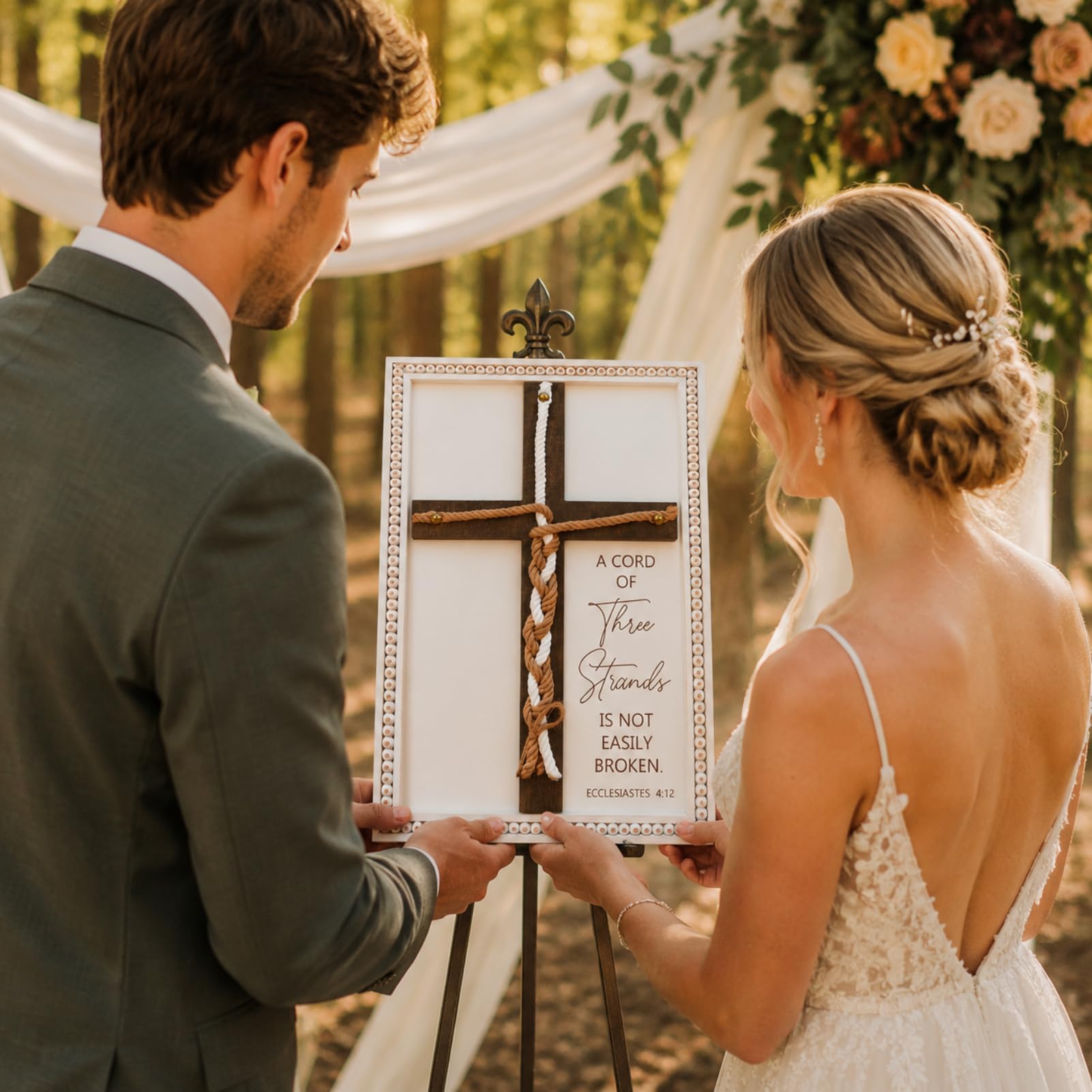 LakWilows Letrero de tres hebras para boda, cruz de madera para ceremonia y recepción, un cordón de tres hebras no se rompe fácilmente, cordón de 15 x 10 pulgadas