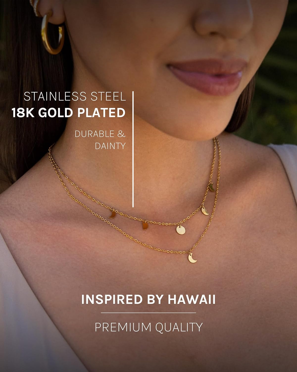 Purelei® Luna Necklace – 18K Gold plated stainless steel jewelry – Waterproof double chain with moon pendant – 14 to 16 inch adjustable length – Fashion jewelry for your individual look - Image 3