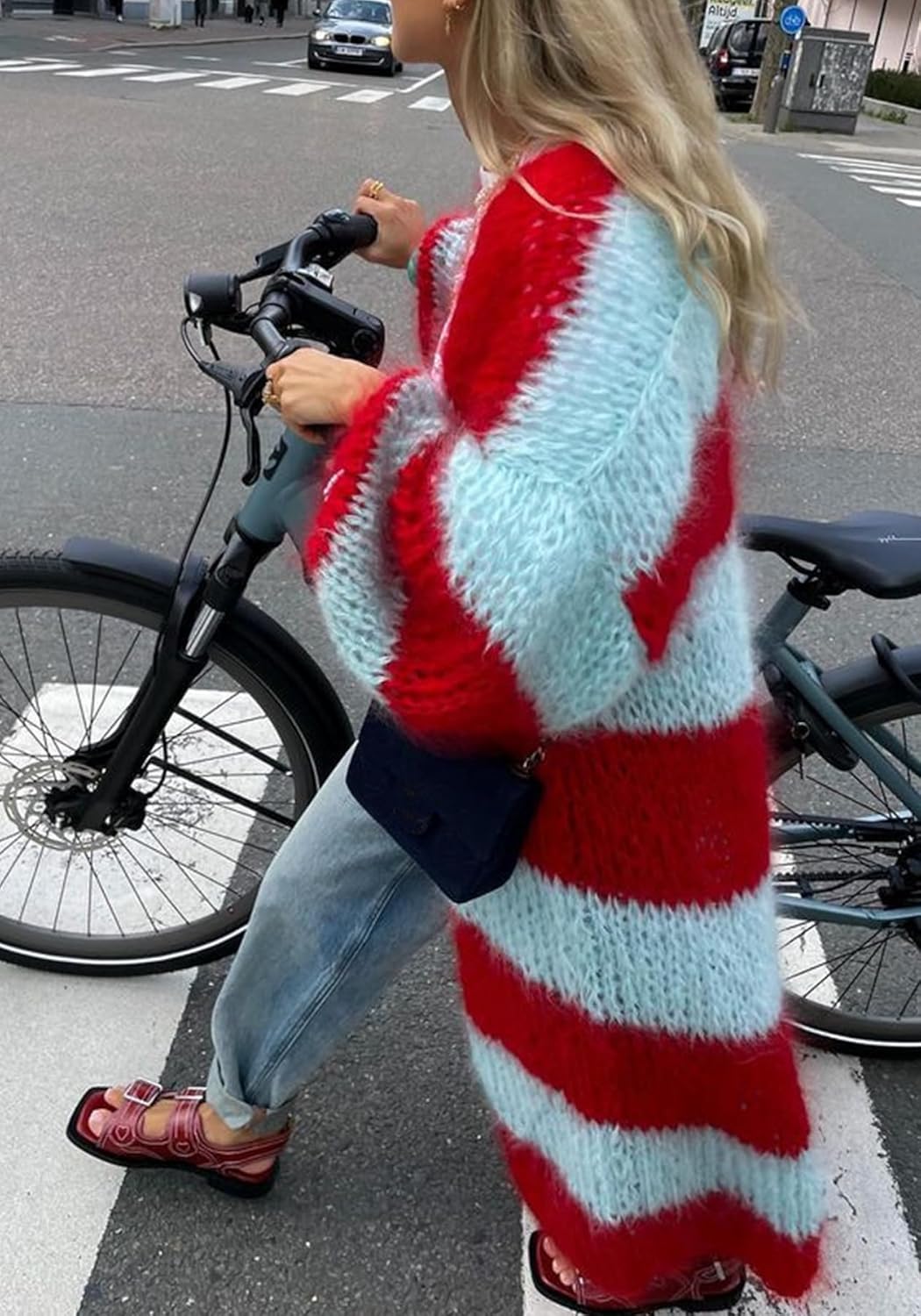 LETSVDO Women's Color Block Long Cardigan Open Front Oversized Striped Knit Slouchy Duster Chunky Sweater Coat - Image 4