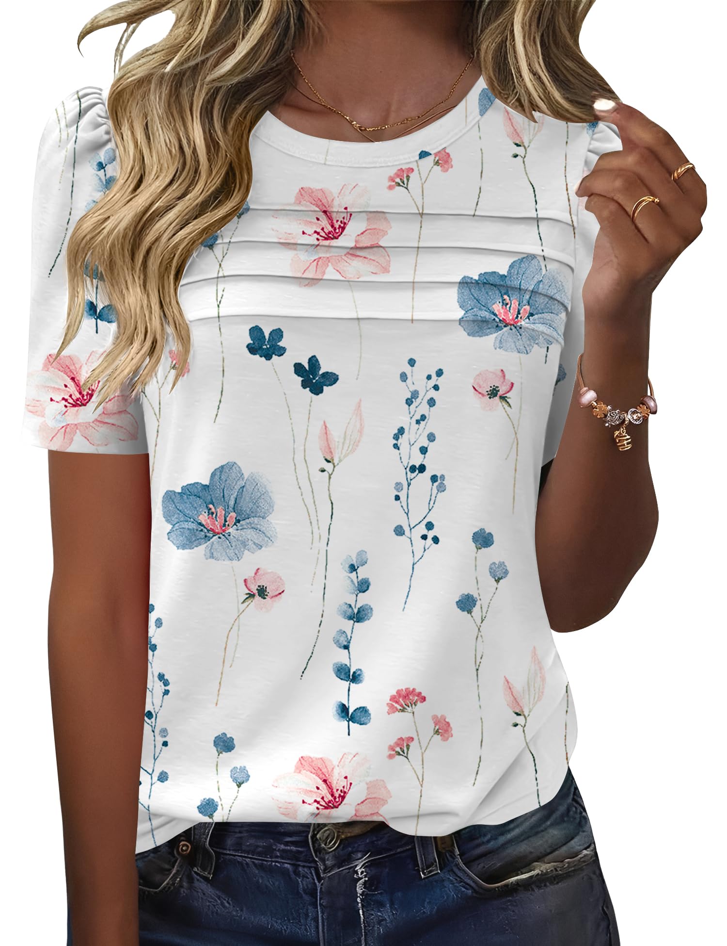 Rapbin Tshirt Damen Sommer Kurzarm Bluse Elegant Rundhals Mit Falten Oberteil Locker Puffärmel Blumen Lässig Tunika Tops 2026