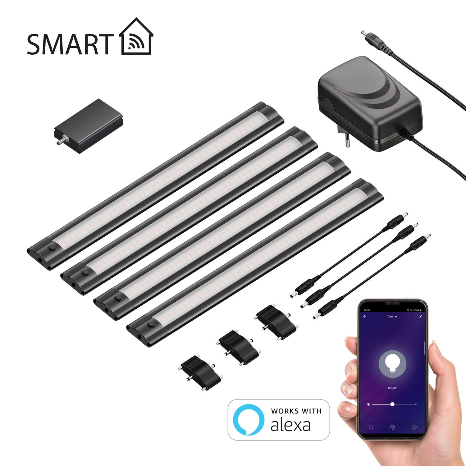 ledscom.de Smarte LED Unterbau-Leuchte SIRIS schwarz matt, WLAN-Controller flach,Smart-Home, Alexa-fähig, je 30cm, je 368lm, warmweiß, 4er Set