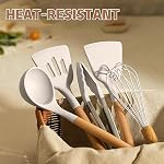Thickened Silicone Cooking Utensils Set with Natural Oak Handle- Umite Chef Khaki Kitchen Utensils Set, 34PCS Heat Resistant Kitchen Gadgets Tools Set, Kitchen Spatula Set for Nonstick Cookware
