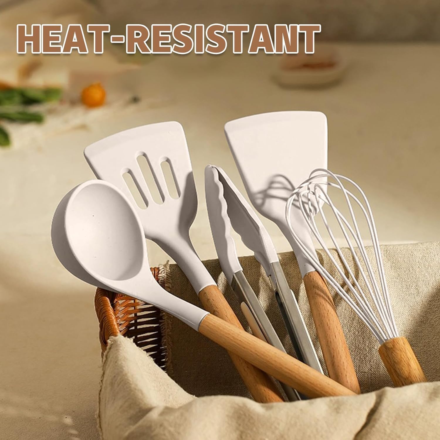 Kochutensilien-Set - Umite Chef khakifarbenes Silikon-Küchenutensilien-Set, 34-teiliges hitzebeständiges Küchenhelfer-Set mit Reibe, Holzgriff, Küchenhelfer-Set für antihaftbeschichtetes Kochgeschirr