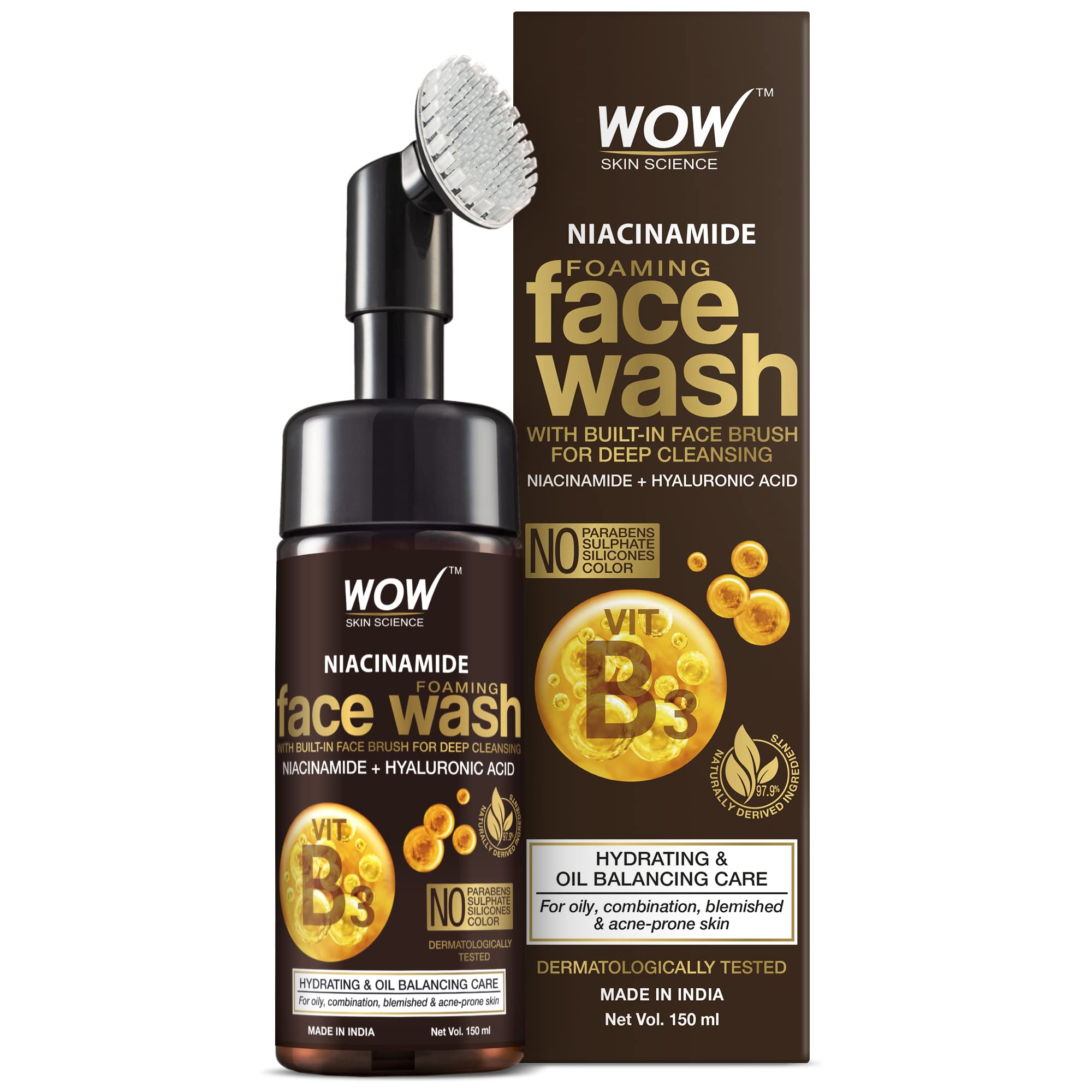 WOW Skin Science Niacinamide Yüz Temizleme Köpüğü ve Dahili Fırçalı-Lekeler, Yağ Kontrolü, Akne Yüzde Doksan Yedi, Doğal İçerik 150ml