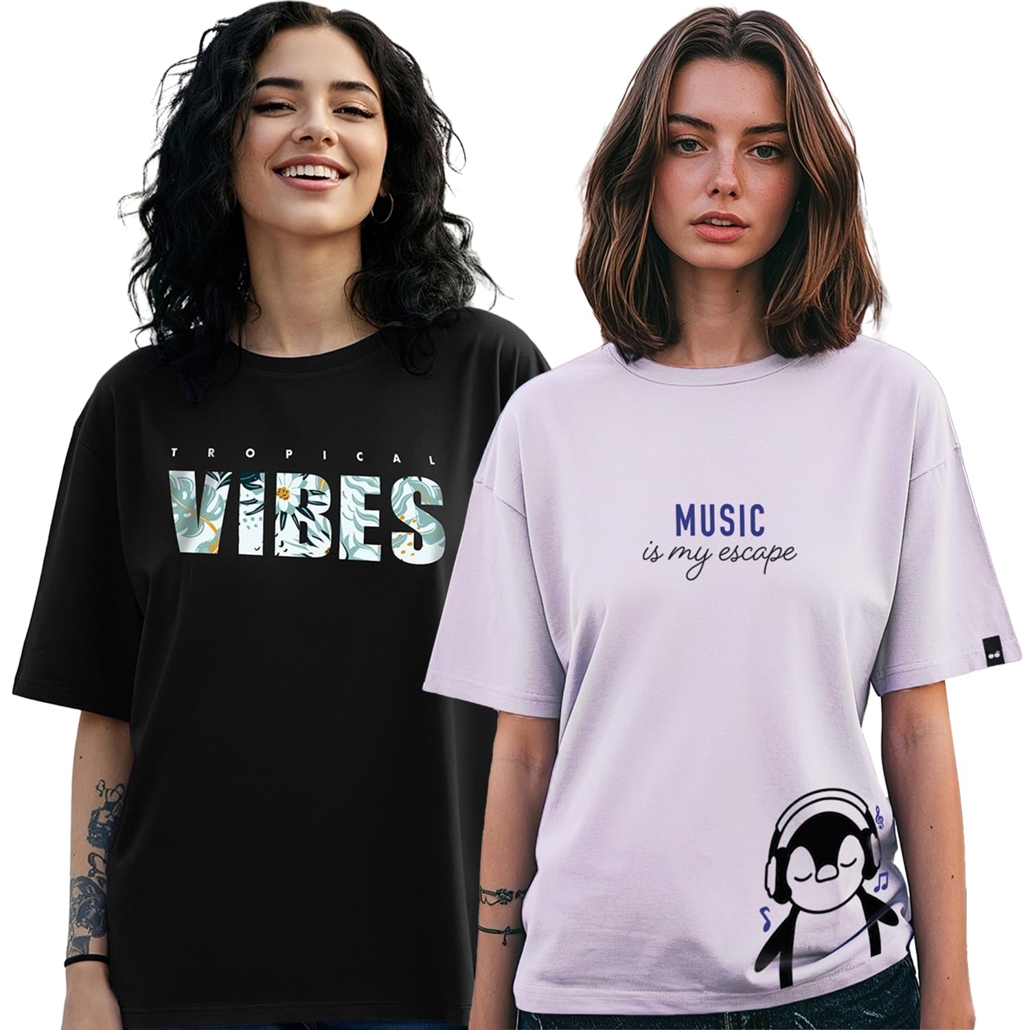 Bewakoof Confezione da 2 magliette da donna con stampa grafica oversize a mezza manica girocollo in puro cotone