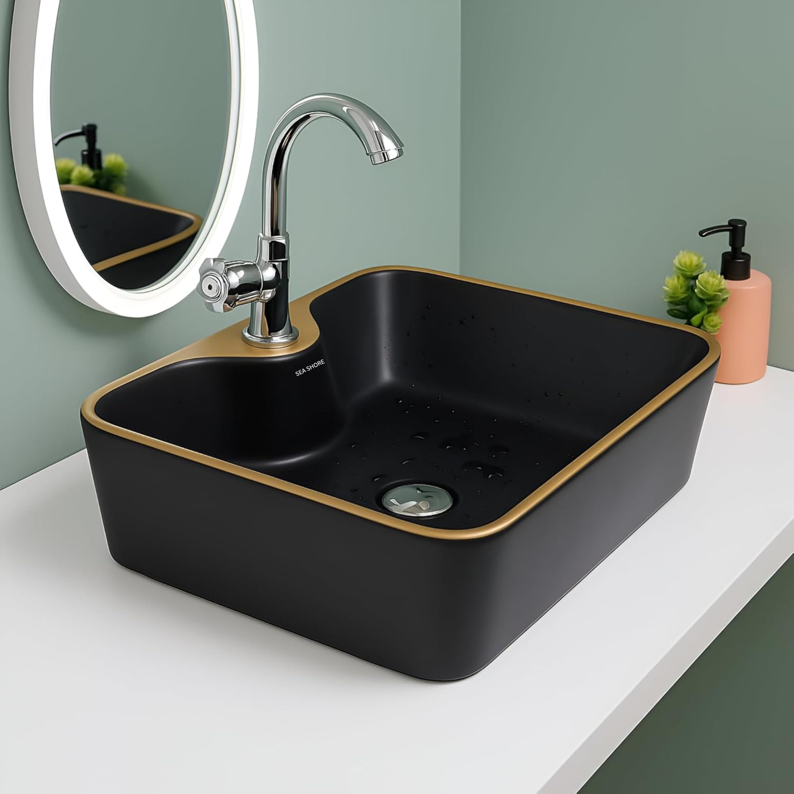 SEA SHORE Imported Ceramic Table Top Wash Basin β Over Counter Slim Rim Vessel Sink for Bathroom & Living Room (20 x 15 x 5.5 Inch, Black & Gold Border) 4