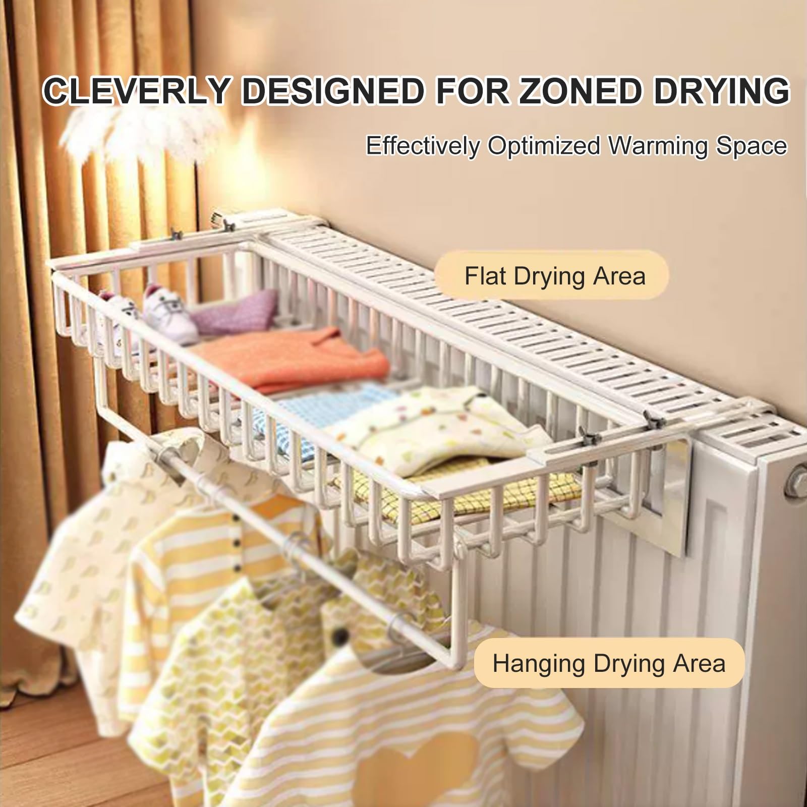 Mensola per termosifone, non necessita di trapano, stendibiancheria per balconi, davanzali, soggiorno e camera da letto, design cavo, salvaspazio, bianco, 50 cm