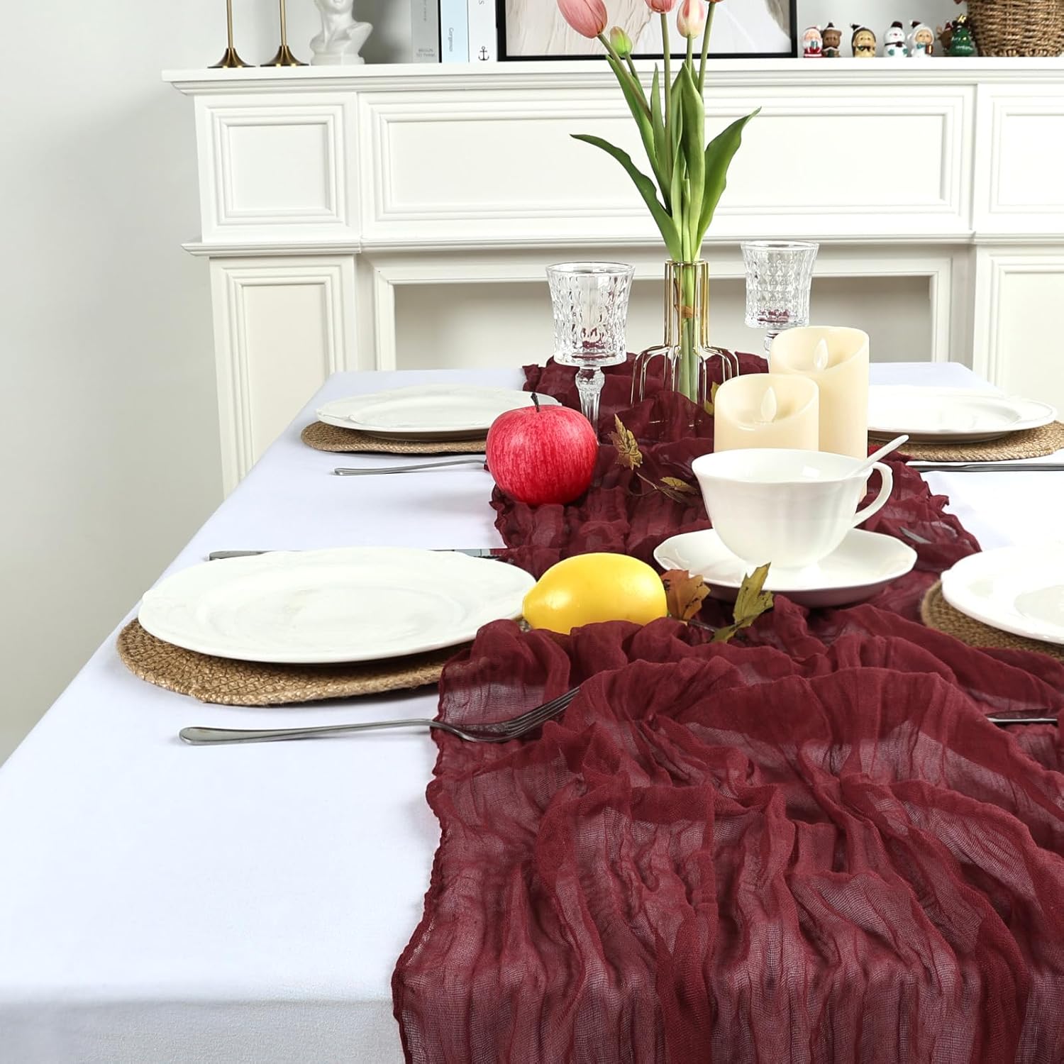 16 Pack Burgundy Cheesecloth Table Runner 10ft Boho Gauze Fabric 120 Inch Cheese Cloth Table Runner Rustic Sheer for Wedding Decor Baby Shower Party Centerpiece Decoration