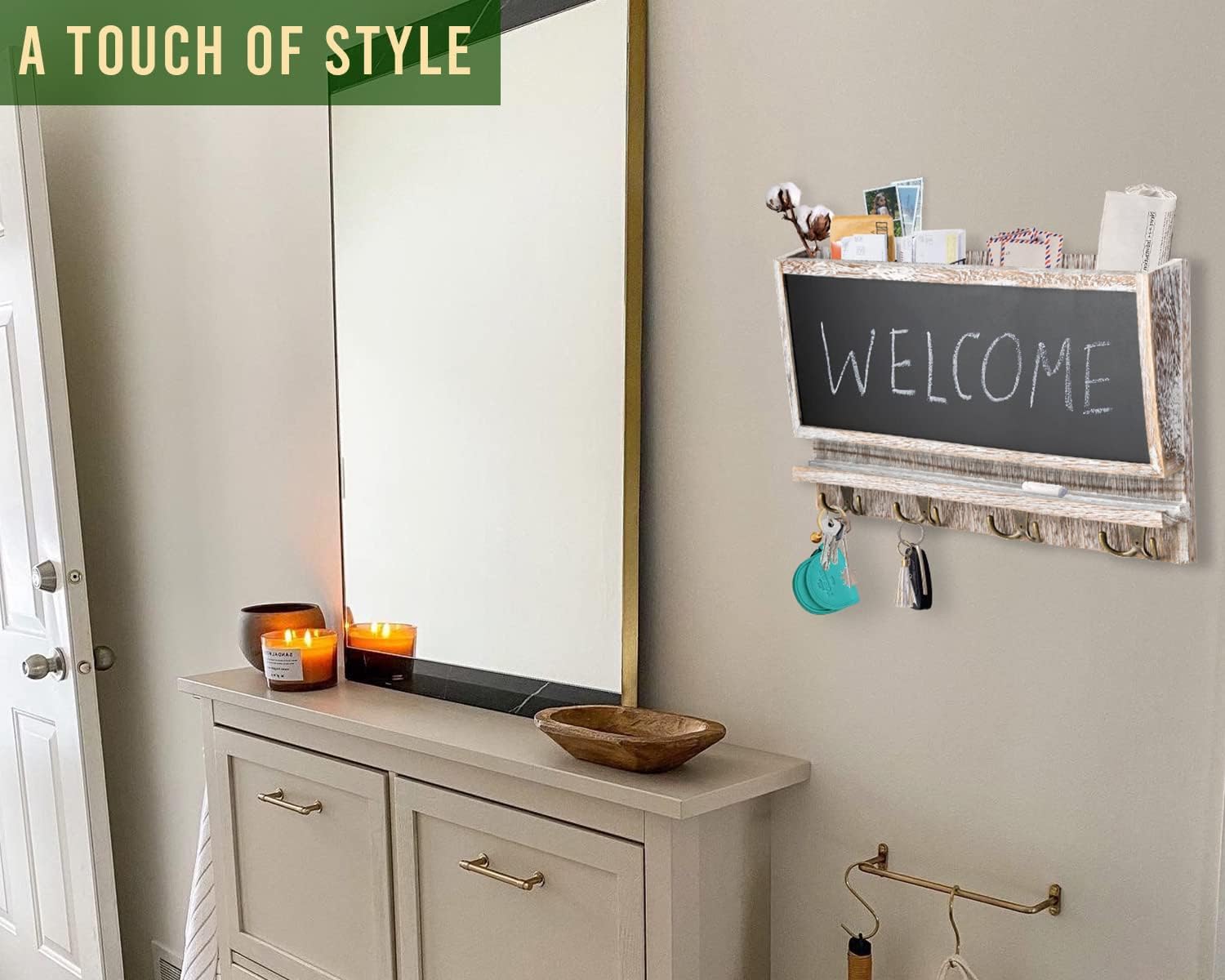 Rustic 1-Slot Mail Sorter Organizer for Wall w/Chalkboard Surface & 4 Double Key Hooks - Wooden Wall Mount Mail Holder Organizer – Wall Décor for Entryway Made of Paulownia Wood - Distressed White : Office Products