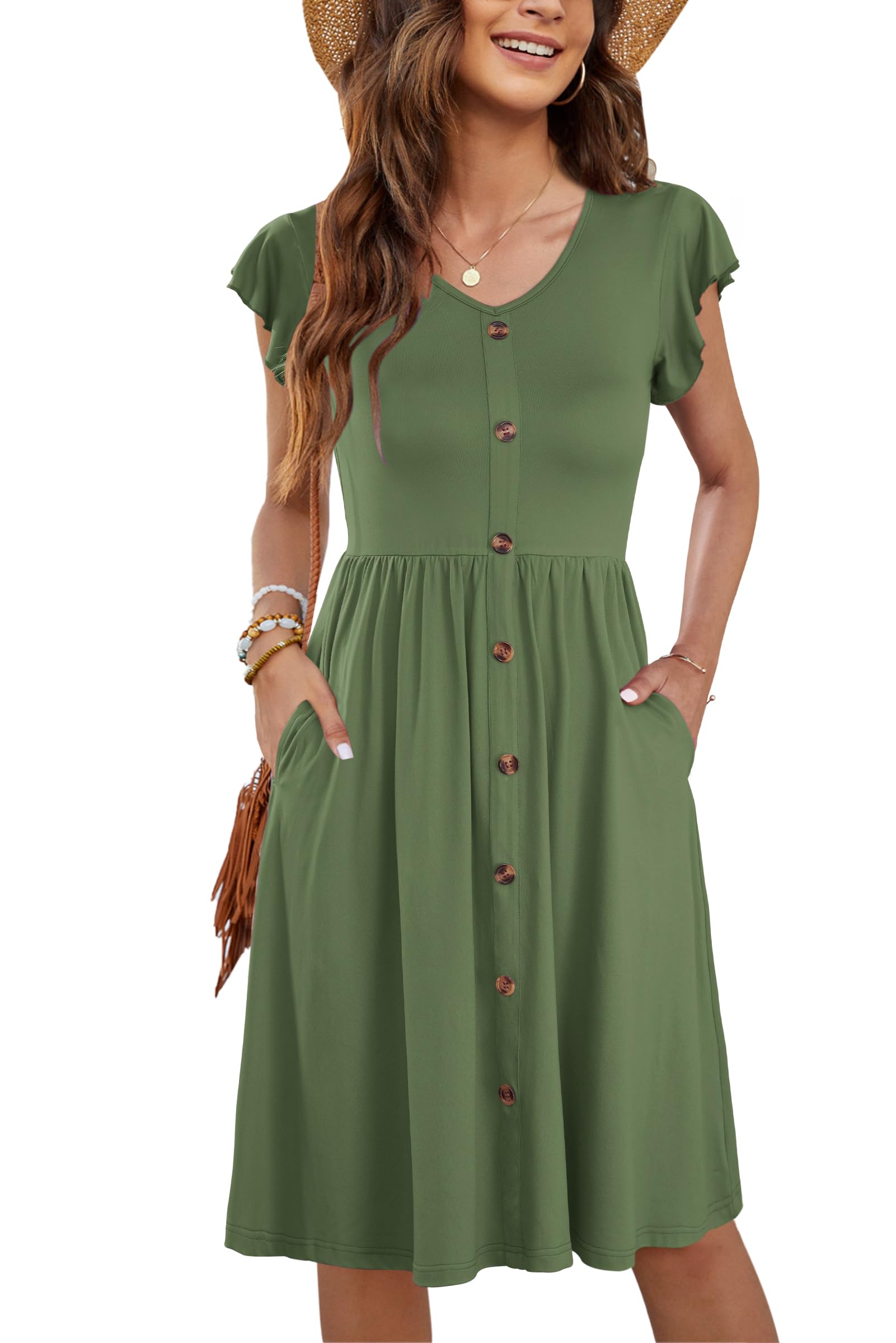 MOLERANI Women Summer Dresses Ruffle Sleeve V Neck Casual Swing Elastic Waist Midi Dress with Pockets S-2XL