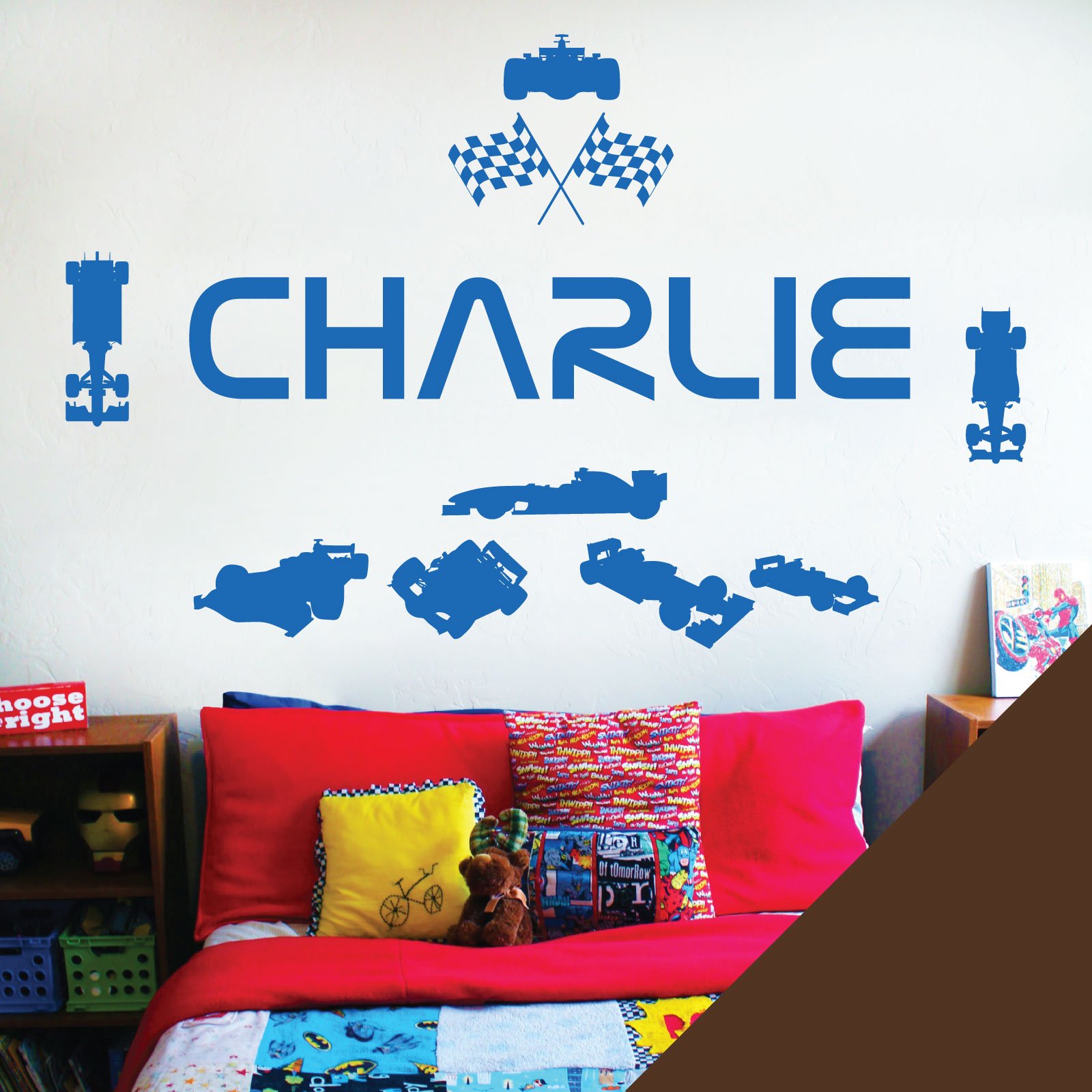 Personalised Name Children Wall Art Sticker - Racing Driver Formula 1 Cars Sport [Large] [Chocolate]