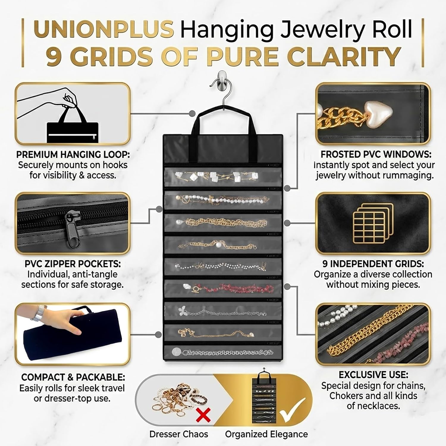 UnionPlus Velvet Jewelry Roll Organizer, 9/11 Grids – Travel Jewelry Case with Zippered Compartments for Necklaces – Compact Portable Jewelry Storage, Black