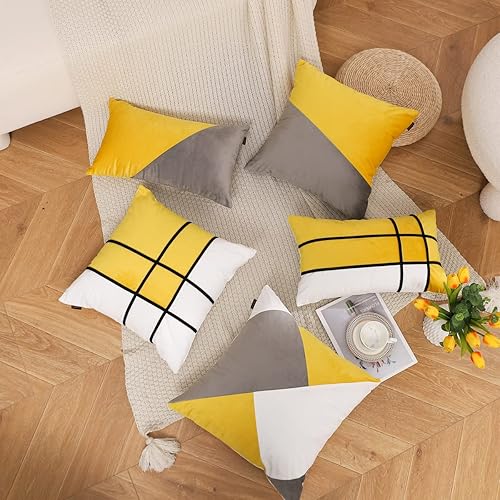 Miniatura 7 de Juego de 2 fundas de almohada decorativas a rayas de 18 x 18 pulgadas, color amarillo y blanco, patrón moderno simple de terciopelo, fundas de cojín