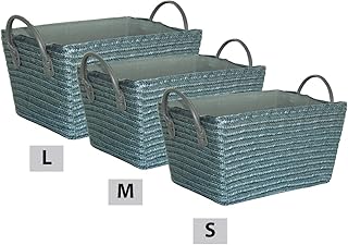 Box and Beyond Lot de 3 paniers tressés - Poignées Effet Cuir - Polypropylène - Vert Sauge -