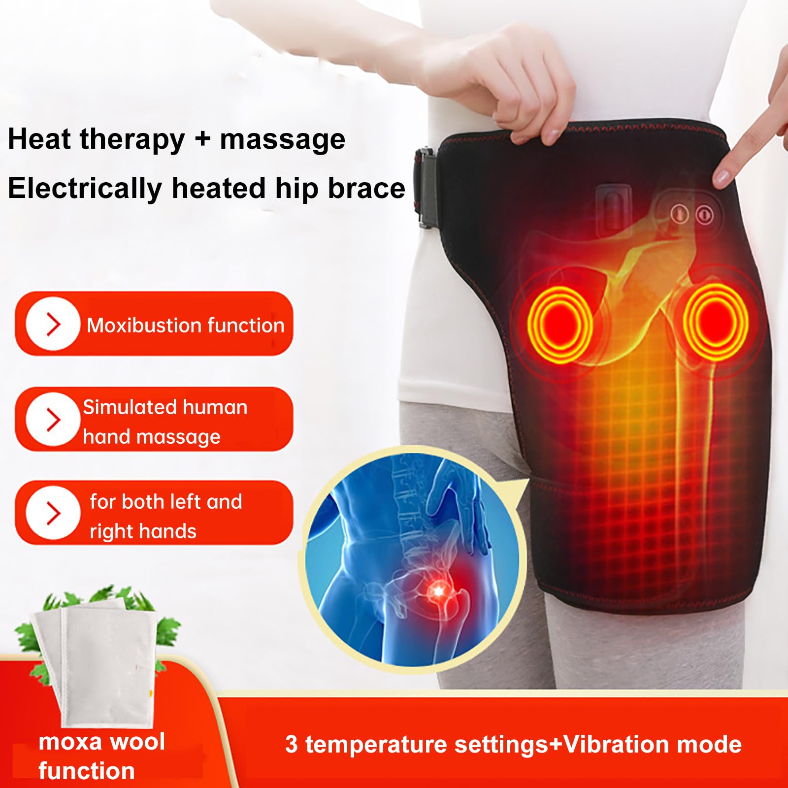 Wärmegürtel Für Hüfte Und Oberschenkelrückseite Mit Moxibustions- Und Massagefunktion, 3 Temperaturstufen Und Vibrationsmodus, Tiefenwirksame Massage, Verstellbare Beinschlaufen