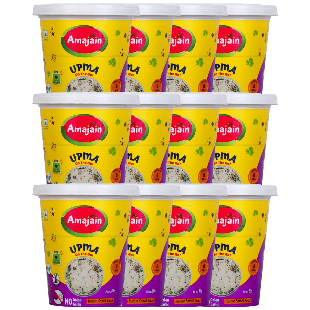 Amajain Instant Sattvik Healthy Upma, Ready-to-Eat, No Added Preservatives, No Added Flavours, Jain-Friendly, 70g (Pack of 12)