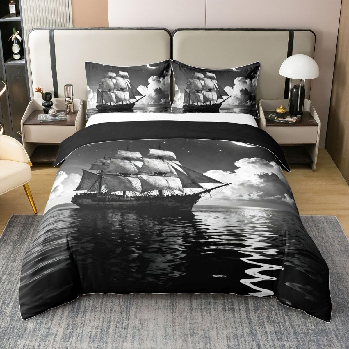 Castle Fairy Nautical Ship 100% Cotton Duvet Cover Queen Size 3 Pcs Sea Ocean Pirate Ship Bedding Set for Kids Teens Adults Moon Stars Sea Waves Sailship Comforter Cover,2 Pillowcases,No Comforter