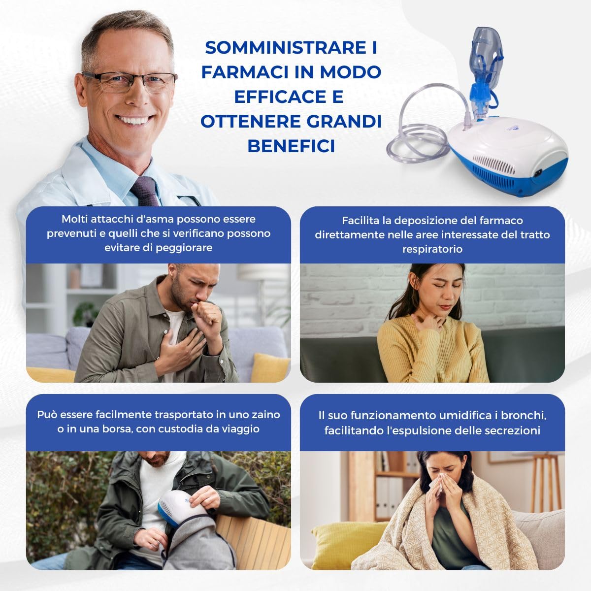 Mobiclinic®, Aerosol con compressore, Neb-1, Portatile, Per bambini e adulti, Borsa da trasporto, Trattamento delle malattie respiratorie, Maschere di varie dimensioni, 5 filtri dell'aria