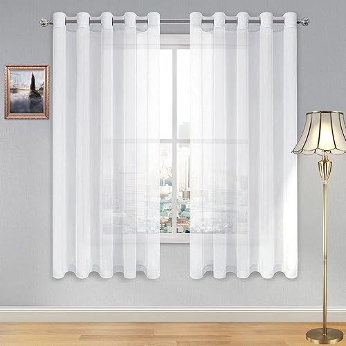 DWCN White Sheer Curtains Linen Look Semi Transparent Voile Grommet Curtains for Living Dining Room Drapes 60 x 63 Inch Long, Set of 2 Panels