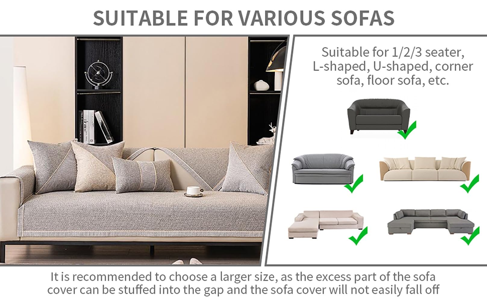 Copridivano in Morbida Cotone e Lino Lavabile, Copri Divano Antiscivolo da 1/2/3 Posti for Divani Componibili, Sofa Protezione for Mobili a Forma di L/U(Grigio Scuro,90x240cm)