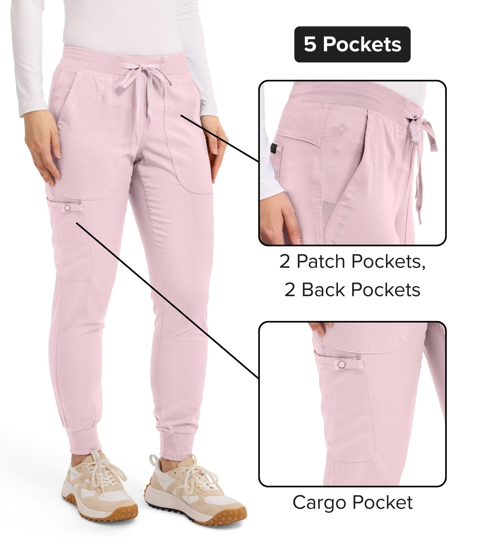 Med Couture Scrub Pants For Women Cargo Jogger Bottoms with 5 Pockets, Lightweight, Ultra Soft, 2-Way Stretch Fabric - MC7710: X-Small Ice Pink