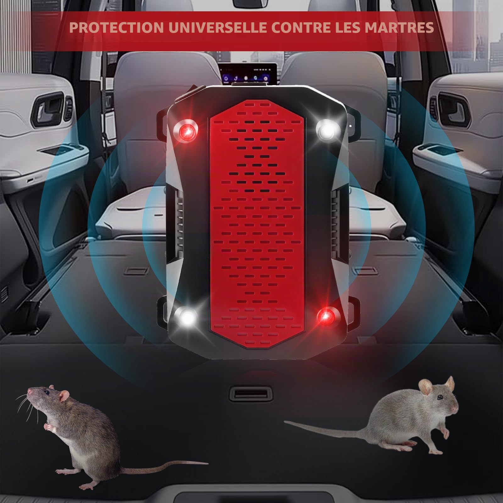 Anti Rongeur Voiture Anti Martre Voiture, Répulsif Ultrasons à Flash LED, 3 Modes d'alimentation, Protection Mobile Intérieur & Extérieur