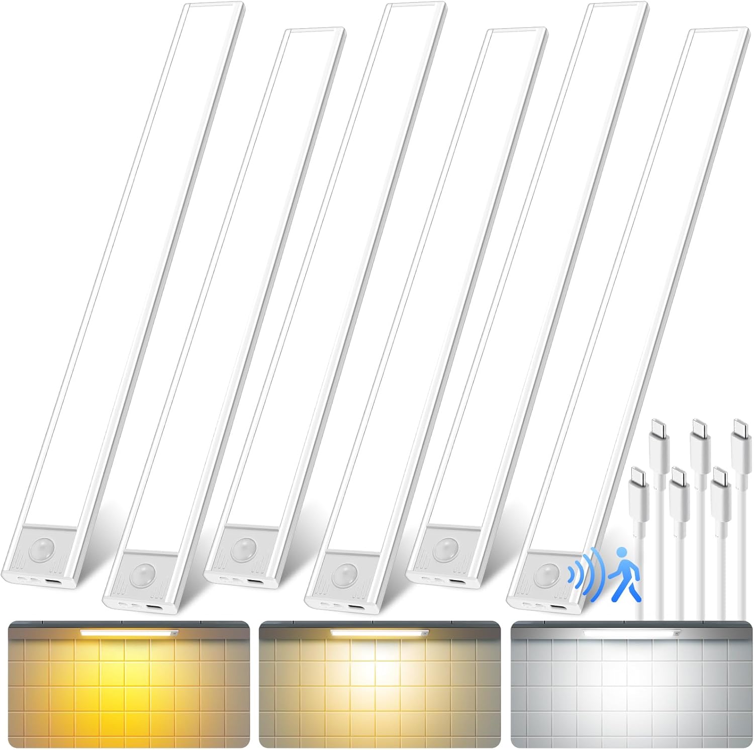 16 inch Under Cabinet Lighting, 80 LED Motion Sensor Closet Light, 1500mAh Rechargeable Battery Dimmable 3 Color Temperature Magnetic Wireless for Kitchen, Shelf, Stairs, Wardrobe, 6 Pack