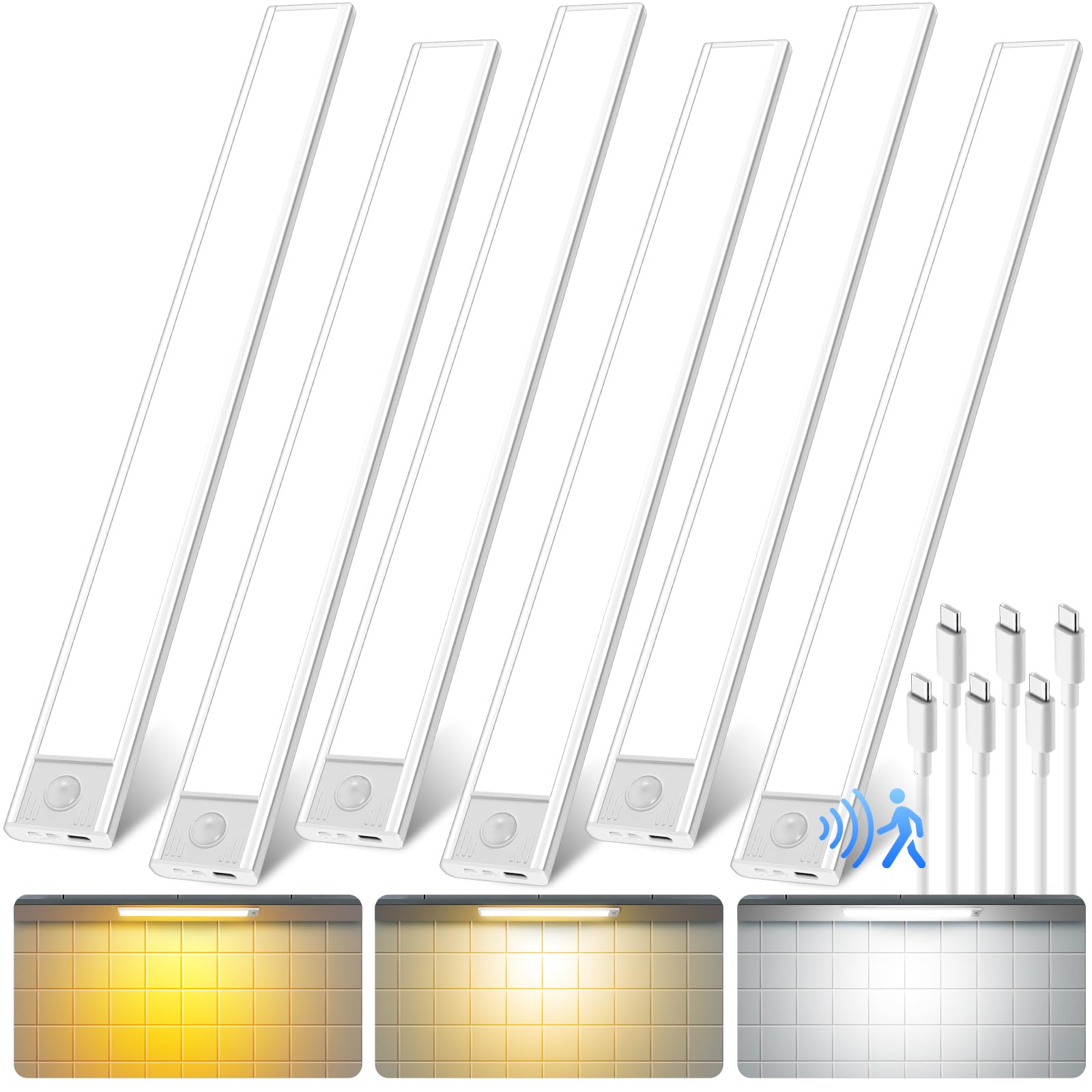 QENLAI 16 inch Under Cabinet Lighting, 80 LED Motion Sensor Closet Light, 1500mAh Rechargeable Battery Dimmable 3 Color Temperature Magnetic Wireless for Kitchen, Shelf, Stairs, Wardrobe, 6 Pack