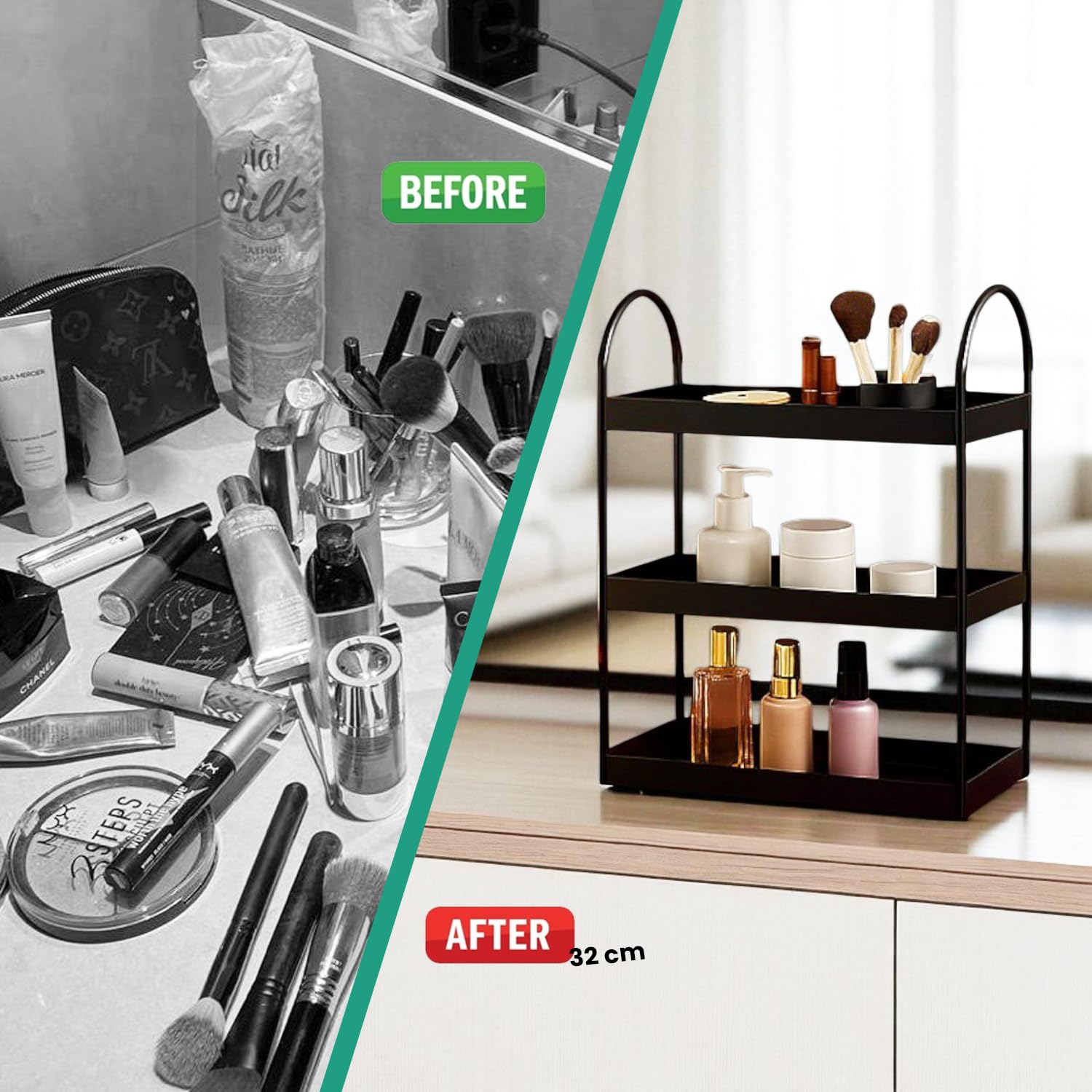 Go Hooked 3 Tier Curved Metal Vanity Organizer – 45cm Tall Countertop Storage Rack for Bathroom, Dressing Table & Desk | Powder Coated Rust-Resist Iron | Freestanding Space-Saving Shelf (Black) 4