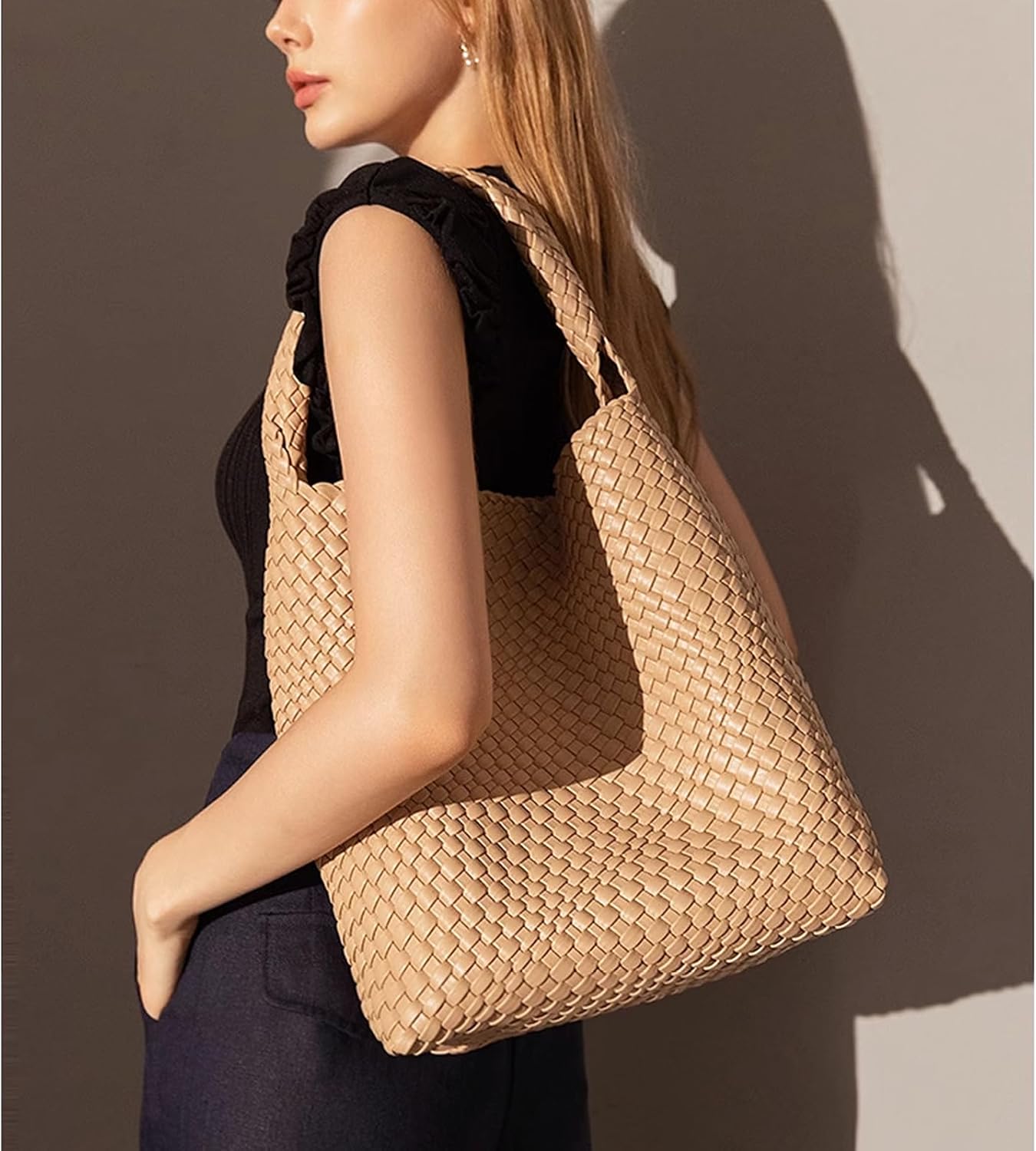 Woven Tote Bag For Women,Vegan Leather Hand Woven Handbags And Purse,Shoulder Bag Top-Handle Bag All-Match Underarm Bag - Image 2