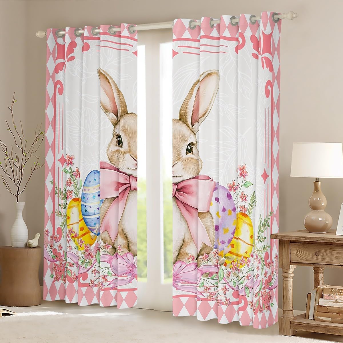 Kawaii Rabbits Window Curtains,Pink and White Curtain,Lovely Animals Window Drapes for Kids Teens Boys Young Man,Modern Bedroom Decorative,Cartoon Rabbit Curtains,38Wx54L