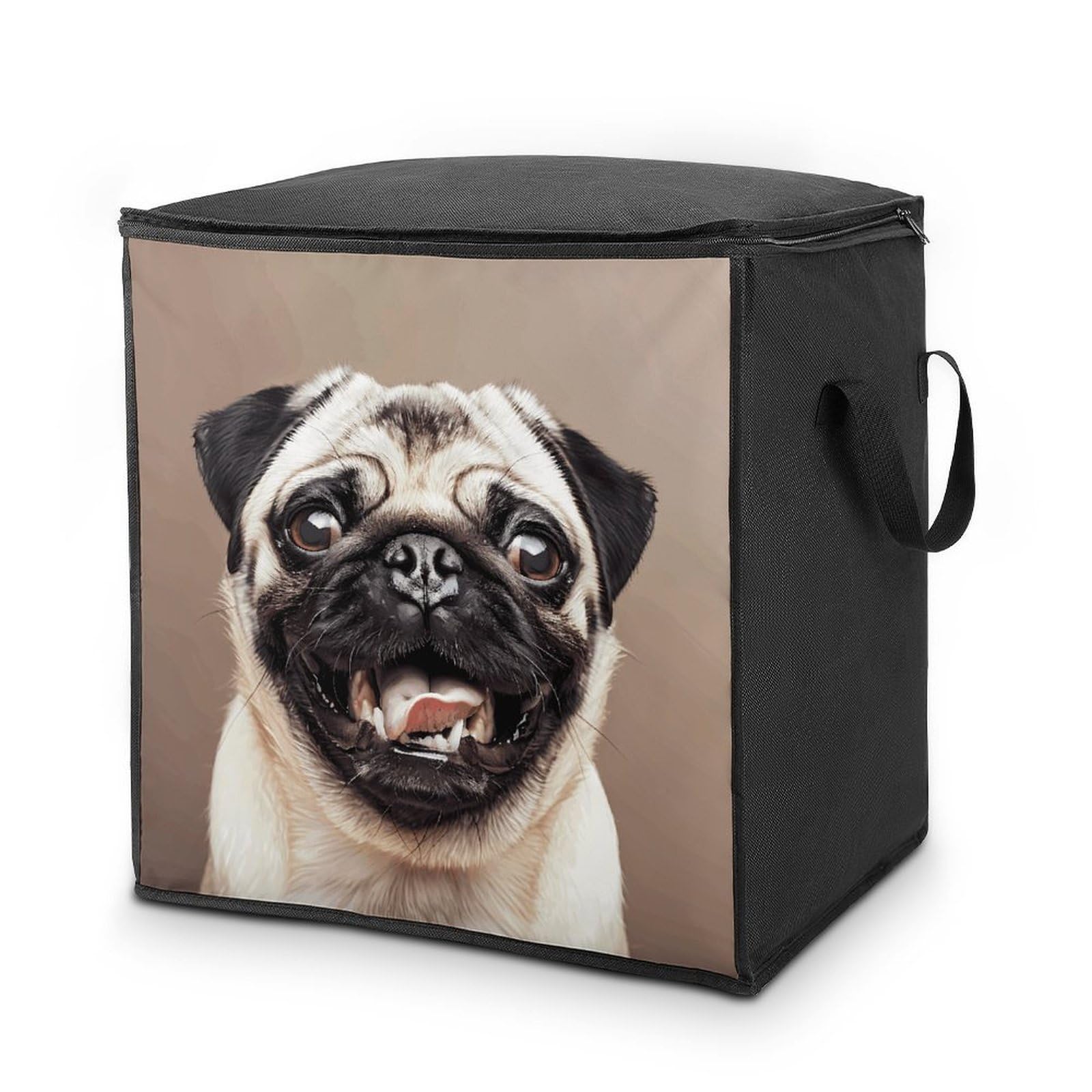 70L Funny Happy Pug Dog Storage Bag With Zipper Closet Organizers with Handle for Home Storage Organizer for Blankets Quilts Clothes Comforter Bedding And Pillows