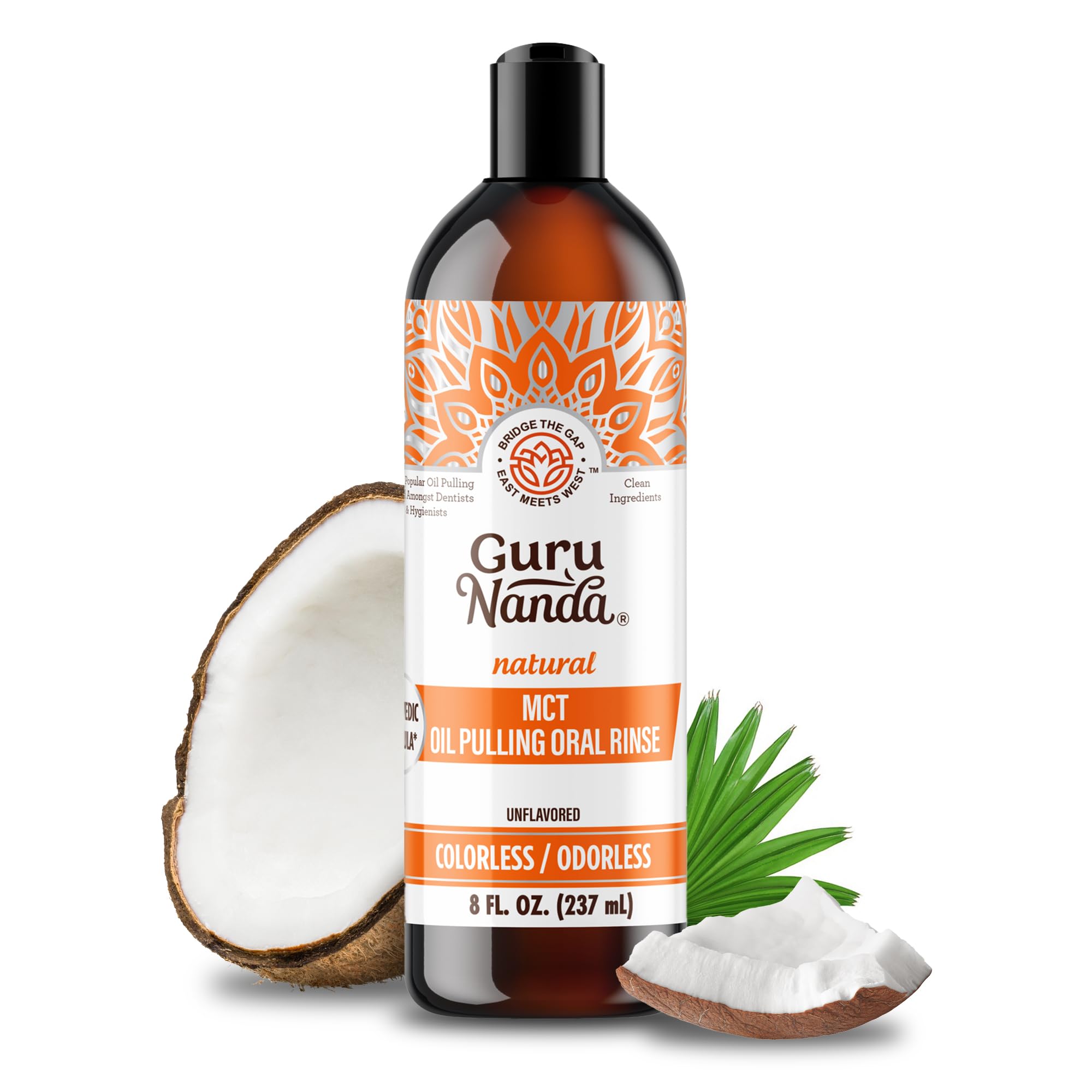 GuruNanda MCT Oil Pulling Mouthwash for Gentle & Natural Oral Care, Pure Coconut Oil Extracts, Unflavoured, Odorless, & Colorless, Alcohol-Free, 8 Oz
